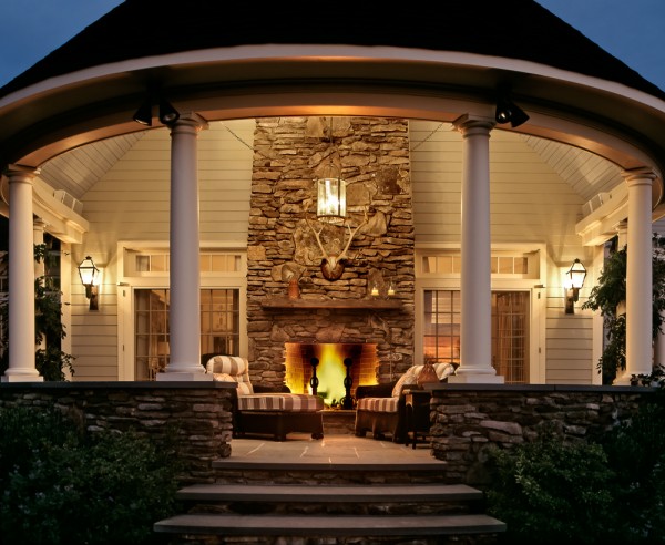 Curved Porch With Fireplace