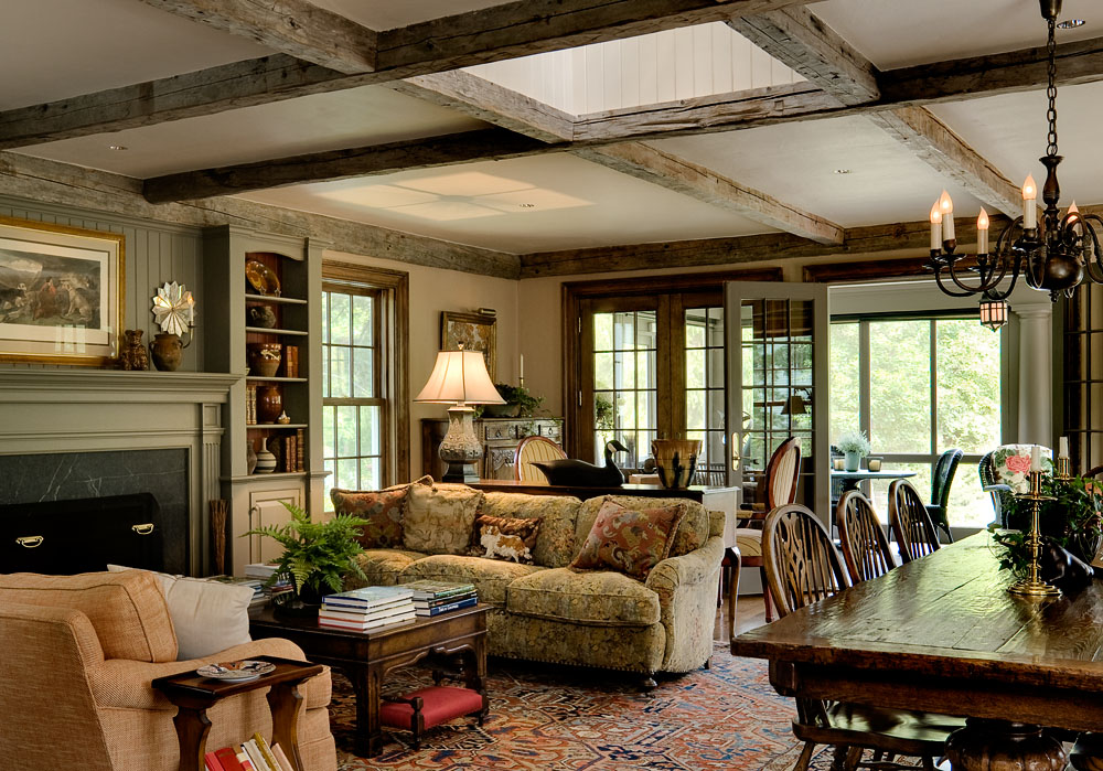 Living Room with Rustic Beams